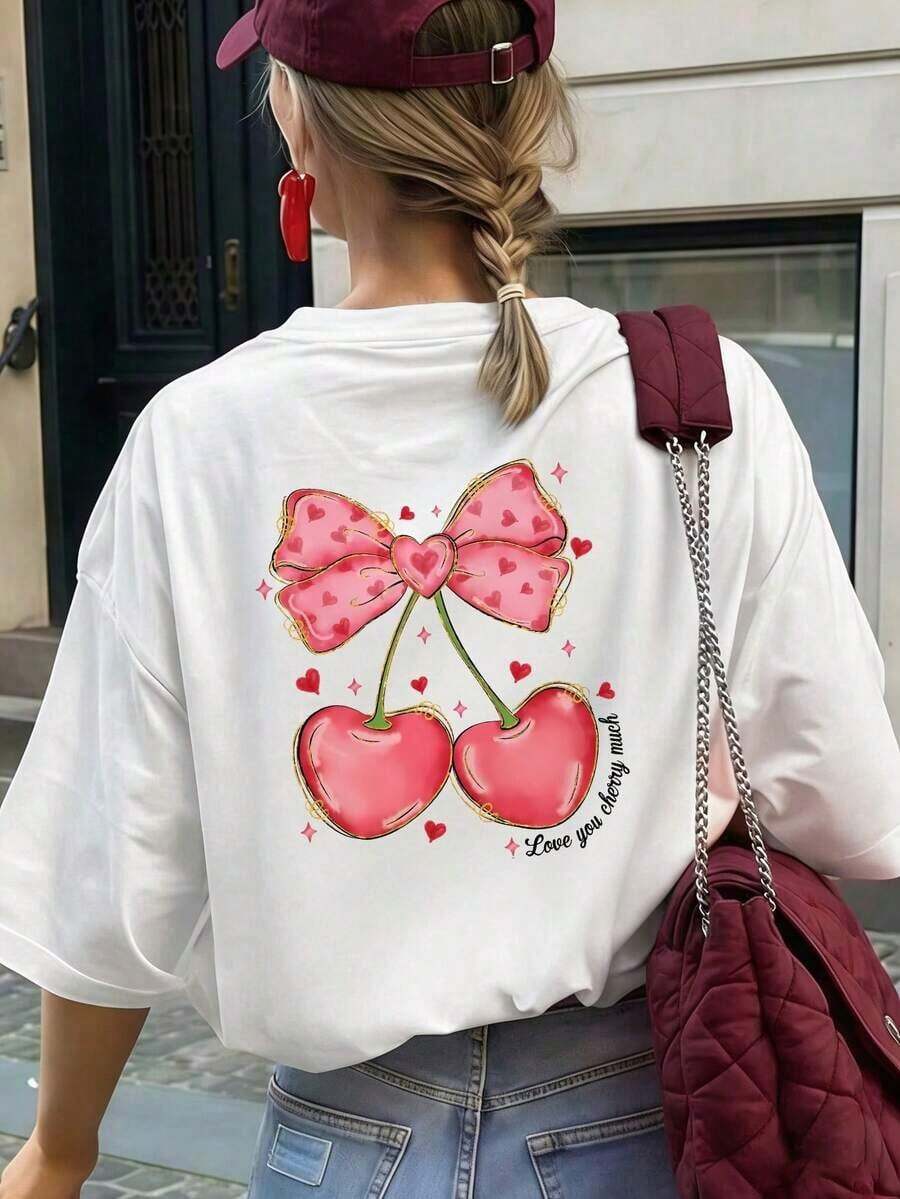 Short-Sleeved T-Shirt With A Round Neck, Loose And Versatile, With A Minimalist Bow Heart Print, Ideal For Valentine's Day And Everyday Holiday Wear - 白色 - 查看 1