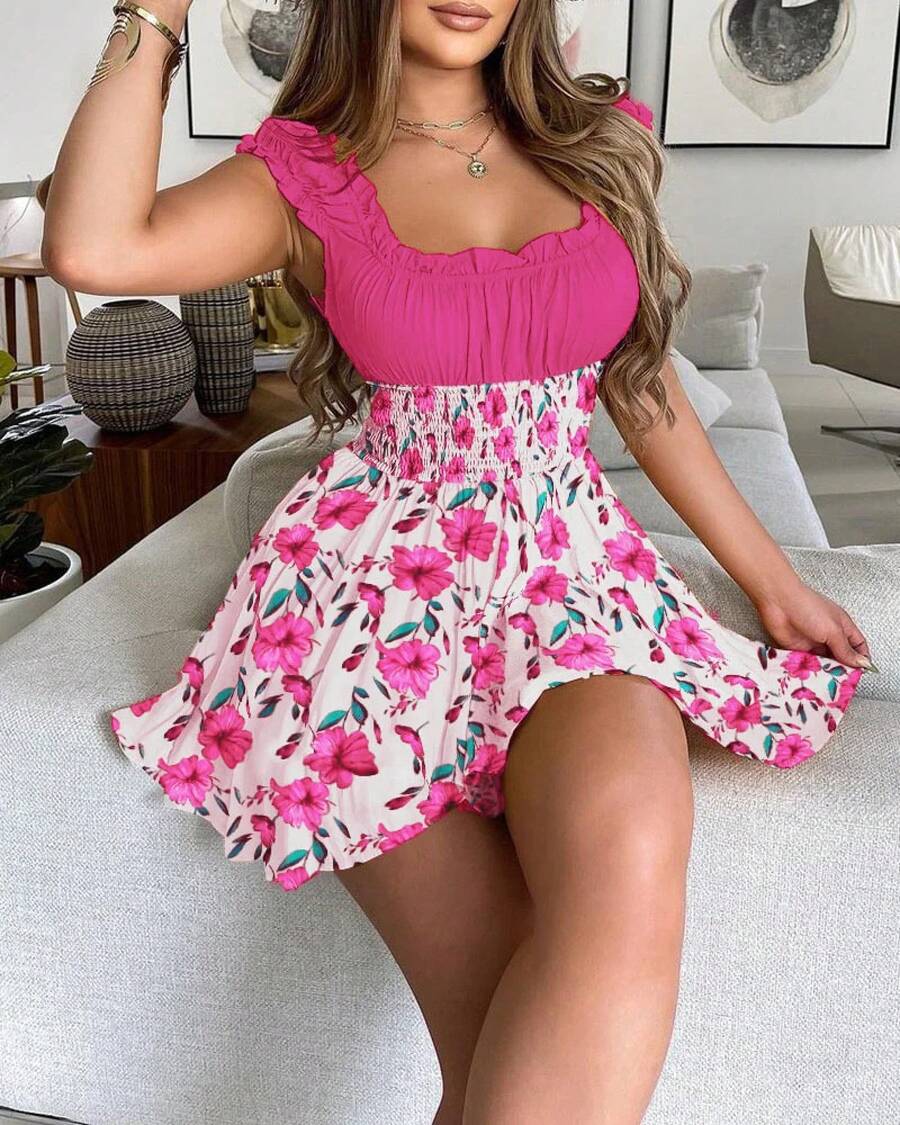 Novedad de verano, vestido de mujer ajustado con cuello en V y cintura elástica con diseño de patchwork floral, adecuado para vacaciones en la playa - Rosa - Ver 1