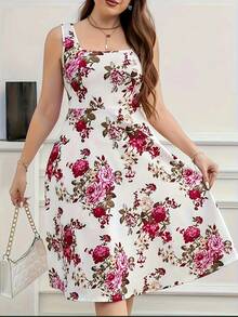 2025 Nuevo vestido sin mangas con cuello cuadrado y estampado floral de talla grande: falda acampanada, tela elástica, lavable a máquina, primavera/verano Ca - Rojo - Ver 1