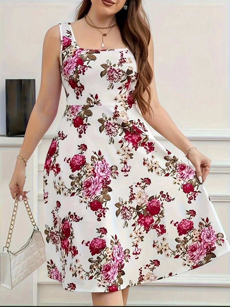 2025 Nuevo vestido sin mangas con cuello cuadrado y estampado floral de talla grande: falda acampanada, tela elástica, lavable a máquina, primavera/verano Ca - Rojo - Ver 1