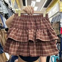 Falda japonesa Y2K con volantes a cuadros, estilo punk rock, subcultura, estilo preppy japonés, informal, nueva colección 2026 para mujer - 1618 Caqui - Ver 3