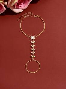 1件套花叶造型可调节手镯戒指组合，适合女士婚礼、伴娘、舞会、派对配饰 - 金色 - 查看 2