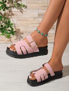 Giày sandal đế dày, khóa kim loại khoét rỗng, kiểu dáng thường ngày, thích hợp cho hoạt động ngoài trời, dành cho nữ, sandal đế cao chống trượt tối giản. - Hồng - Xem 3