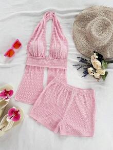 Conjunto de dos piezas para mujer color azul cielo sólido, top halter con espalda descubierta y shorts con abertura lateral, textura arrugada, estilo sexy y fresco, ideal para verano, playa, vacaciones, piscina y salidas casuales - Rosa - Ver 5