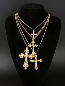4pcs/Set Vintage Luxurious Multi-Color Rhinestone & Faux Pearl Cross Necklace Set, Men's Casual Outfit Accessory, Holiday Gift - Yellow Gold - View 3