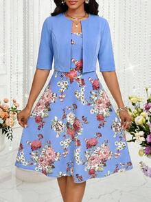Conjunto de 2 piezas de vestido y chaqueta elegante con estampado para mujer - Azul 2 - Ver 3