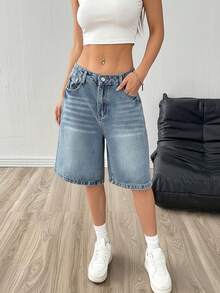 Shorts de mezclilla de pierna recta y holgados de unicolor vintage Y2K, versátiles para adolescentes - Azul lavado medio - Ver 7