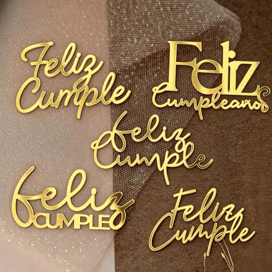 4 pièces/12 pièces Ensemble de décorations de gâteau d'anniversaire en acrylique doré "Joyeux anniversaire" en espagnol pour les fournitures de fête latine - multicolore - Voir 1