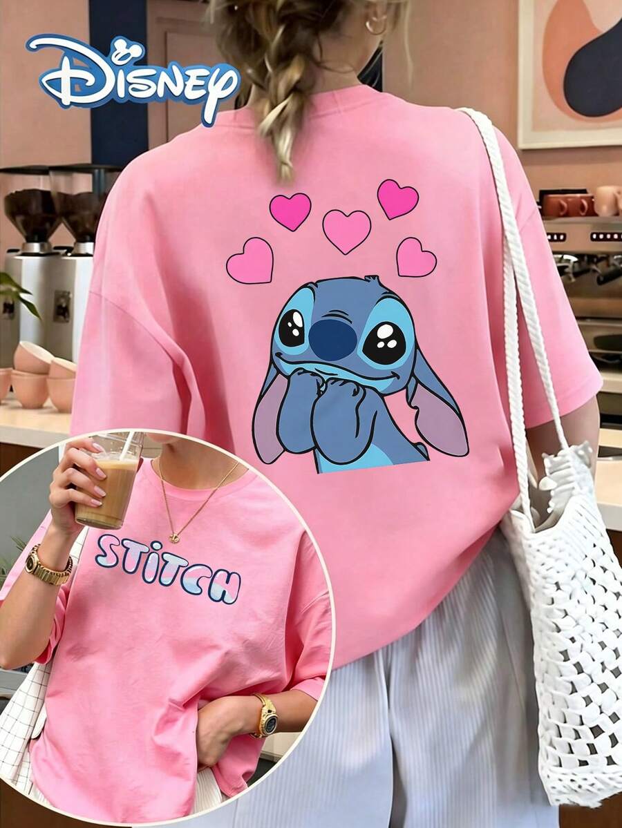 Disney Shirt,Stitch Double Sided Graphic T-Shirt, Summer Tops,Disney Collaboration - Hồng - Xem 1