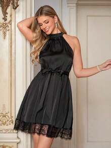 Vestido casual de verano con tul transparente, estampado floral y cinturón de ajuste, perfecto para look de noche y salidas románticas - Negro - Ver 7
