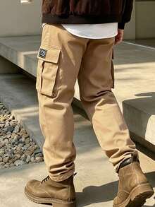 Modcrash Men's Outdoor Solid Color Cargo Pants, Loose Fit Multi-Pocket Casual Trousers - Khaki - View 4