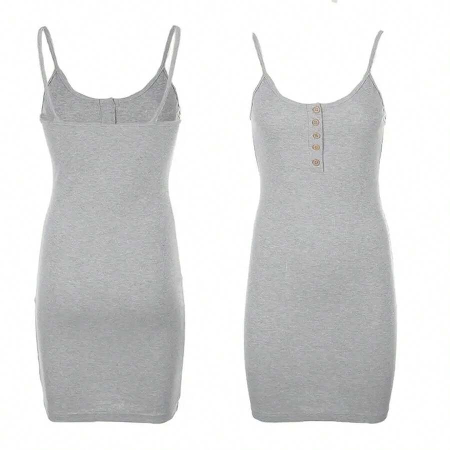 Vestido ajustado con cuello halter en V profundo y botones ajustados estilo chica picante europea y americana, vestido corto sexy ajustado para mujer - Gris - Ver 1