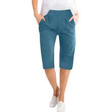 Pantalones Capris de lino y algodón para mujer, pantalones con cordón de cintura elástica, pantalones cortos informales, pantalones diarios, cinco medias pantalón - azul real - Ver 6