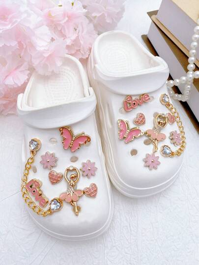 16pcs Versatile Pink Butterfly, Flower, Chain Shoe Clips, Detachable DIY Decorations, Multifunctional Shoe Clips Accessories For Women's Sandals, Slippers, Beach Bags, Suitable For Holidays And Birthday Party Gifts