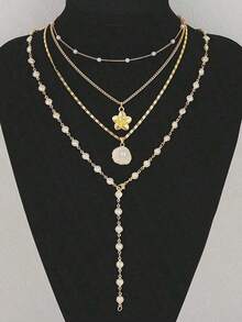4pcs Vintage Bohemian Style Metal & Faux Pearl Flower Pendant Tassel Necklace Set, Y-Shaped Chain, Suitable Daily Wear And Beach Vacation, Women Jewelry - 銀色 - 查看 4