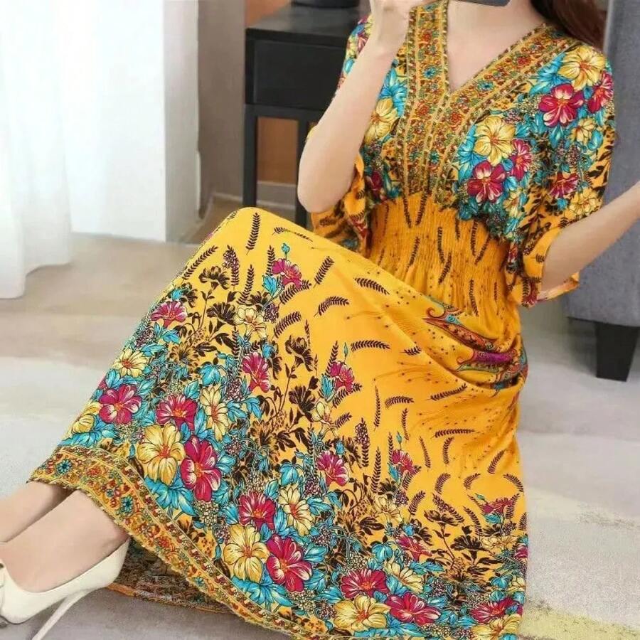 Vestido bohemio de talla grande para mujer, vestido playero con mangas de murciélago y cuello en V, estampado dulce, para vacaciones étnicas, por debajo de la rodilla - MZF-Amarillo - Ver 1