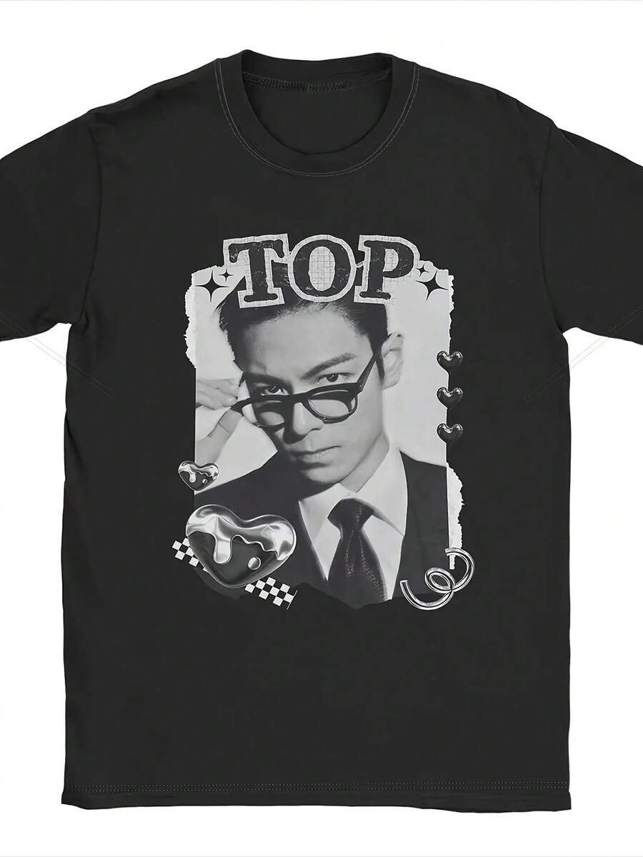 1 dam-T-shirt med korta ärmar och tryckt design. | Svartvit fotodesign, lös passform, bekväm rund halsringning, perfekt för vardagsbruk, en idealisk present till födelsedagen eller högtiderna, en ledig skjorta för varje dag gjord av slitstarkt tyg. Sommartoppar Skjorta T-shirts Damtoppar T-shirt Tröjor Festival  Skjorta  Skjortor T-shirt Gym Sommaroutfits - Svart - Visa 1