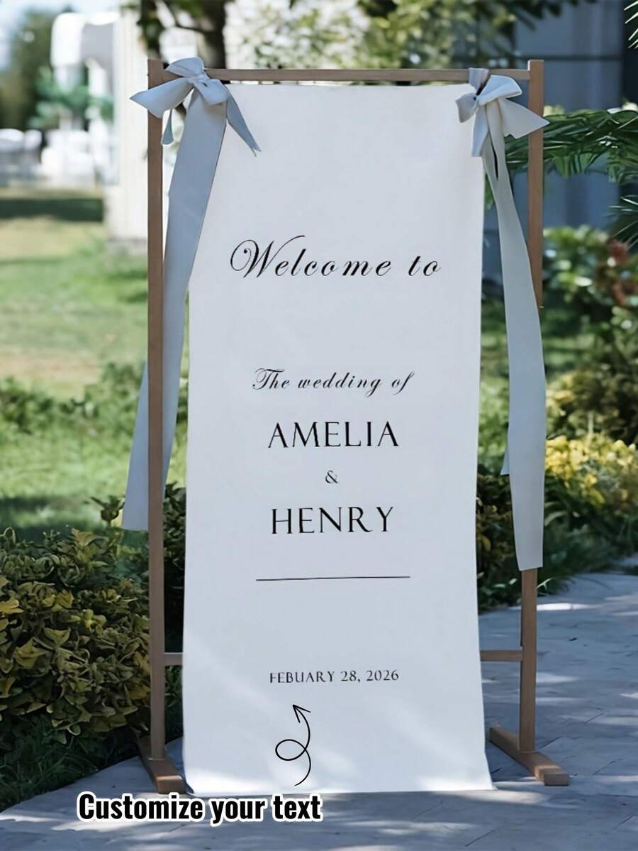 1 pieza Pancarta de bienvenida personalizable en blanco en múltiples tamaños - Personaliza con nombre/fecha/texto, sin necesidad de electricidad, decoración de fiesta, adecuada para embarazo, telón de fondo de eventos, cartel de bienvenida de boda minimalista, pancarta personalizada, cortina de bienvenida personalizada, aplicable para césped, jardín - Multicolor - Ver 1