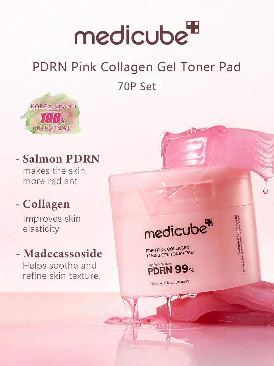 Medicube PDRN 粉紅膠原蛋白緊緻凝膠貼片 70片 120ml/4.05 Fl. Oz.，鮭魚 PDRN 低分子膠原蛋白，果凍凝膠豐盈肌膚，菸鹼醯胺 + 積雪草配方，溫和適用於所有膚質的日常護理，K-Beauty，韓國化妝品，Olive Young，禮品