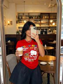 Classic T-Shirt With Nonverbal Autism Puzzle Print, Short Sleeve, Round Neck, Fashionable Casual Clothing For Women, Summer T-Shirt For All Seasons - 紅色 - 查看 5