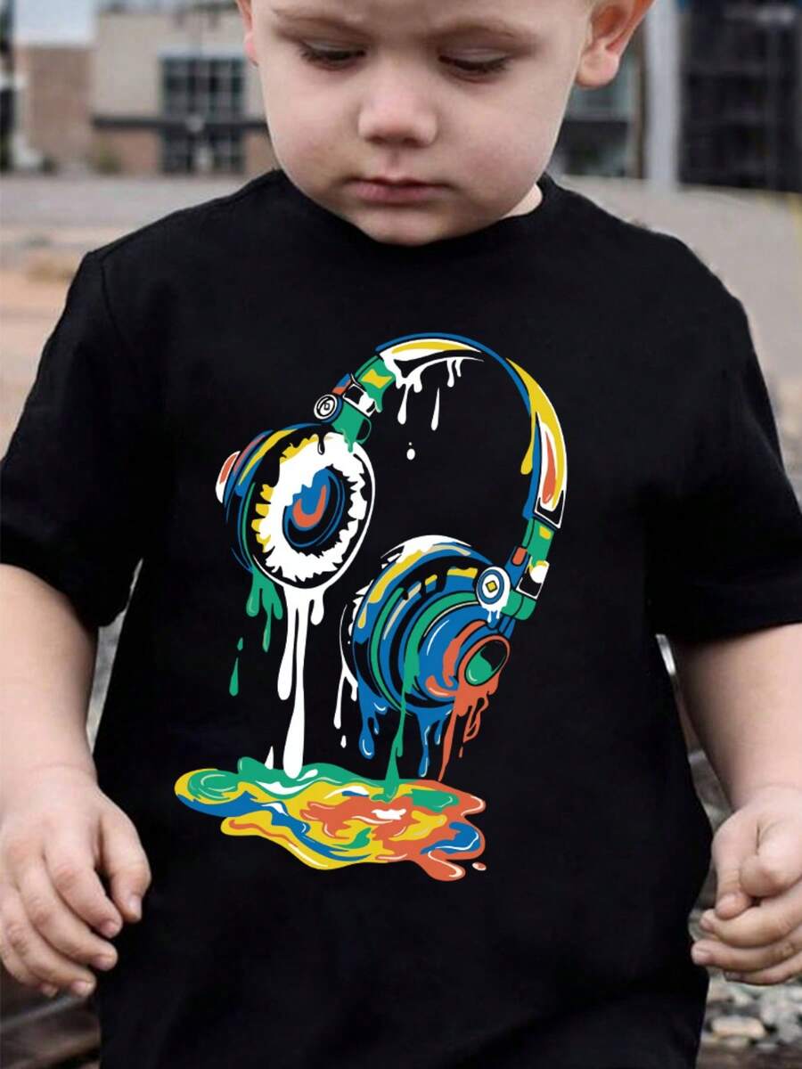 Camisola de Verão para Meninos, Estilosa, de Manga Curta, para Exterior, Casual, com Elementos Coloridos de Auscultadores, Modelo DX5294 - Negro - Ver 1