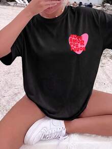 Women's Vintage "More Amor Por Favor" Checkered Heart T-Shirt, Loose Fit, Summer Beach Holiday Style, Double-Sided Print Aesthetic, Short Sleeve. - Black - View 2