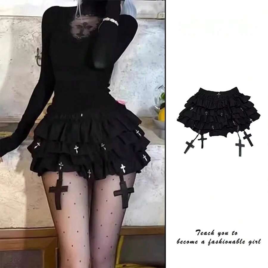 Minifalda negra con cruz gótica para mujer, estilo casual, de cintura alta, con diseño de capas, corta, anti-transparencias, ... - Top + falda [versión de alta calidad] - Ver 1