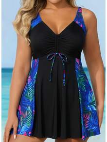 New Fashion Plus-Size Two-Piece Swimsuit For Women With Conservative Boyshorts Bikini - Blue Leaves - View 4
