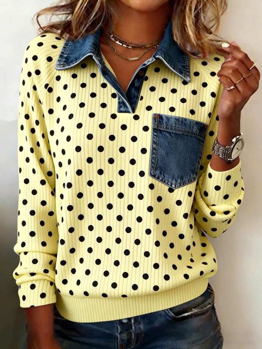 Women's Daisy Print Patchwork Sweatshirt Polo Collar Ribbed Texture Casual Long Sleeve Top - Yellow - View 1