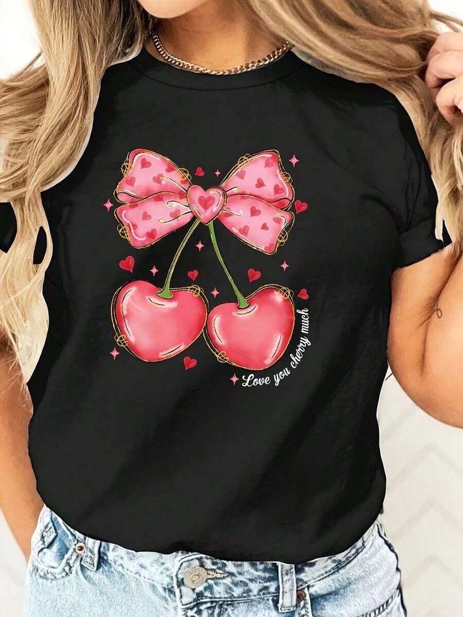 Women's Blouses: Short-Sleeve Cherry Print T-Shirt For Valentine's Day, Round Neck, Casual Design With "Love You" Graphic, Pink And Red Design For Spring/Summer, Valentine's Day Outfit. | Casual Style | Comfortable Fit | Suitable For Spring, Summer, And Autumn - 黑色 - 查看 1