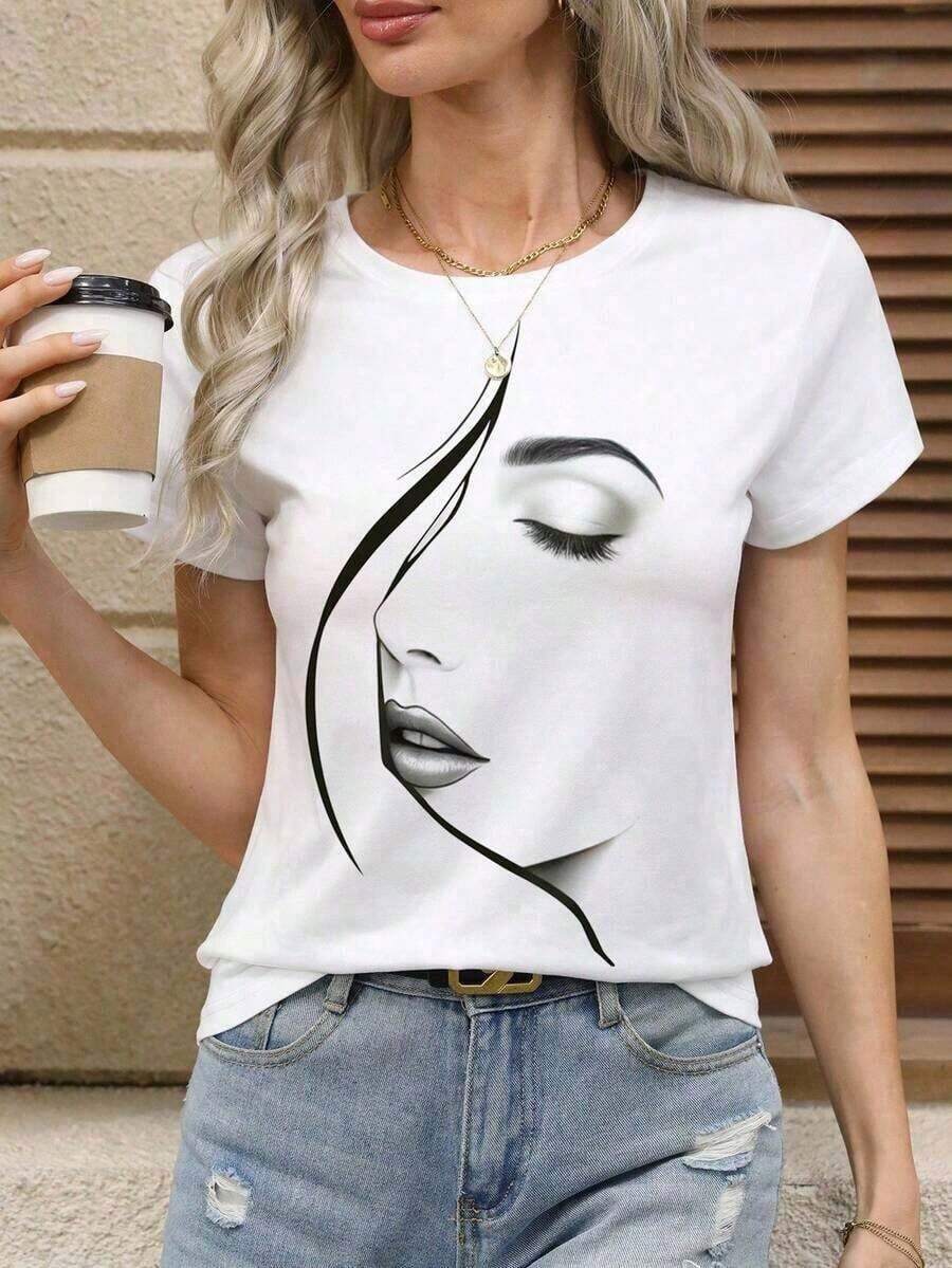 Soft 100% Cotton T-Shirt, 1 Piece, Plus Size Fashion Blouses, Graphic Print Round Neck T-Shirt, Women's Graphic Tees, Breathable Cotton Blouse, Goes With Everything, Great. - 白色 5 - 查看 1