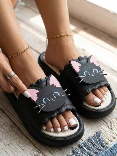 Cute Cat Design Slippers, Lightweight Anti-Slip Comfortable Breathable House Slippers, Suitable For Home And Bathroom, Women's Indoor Slippers