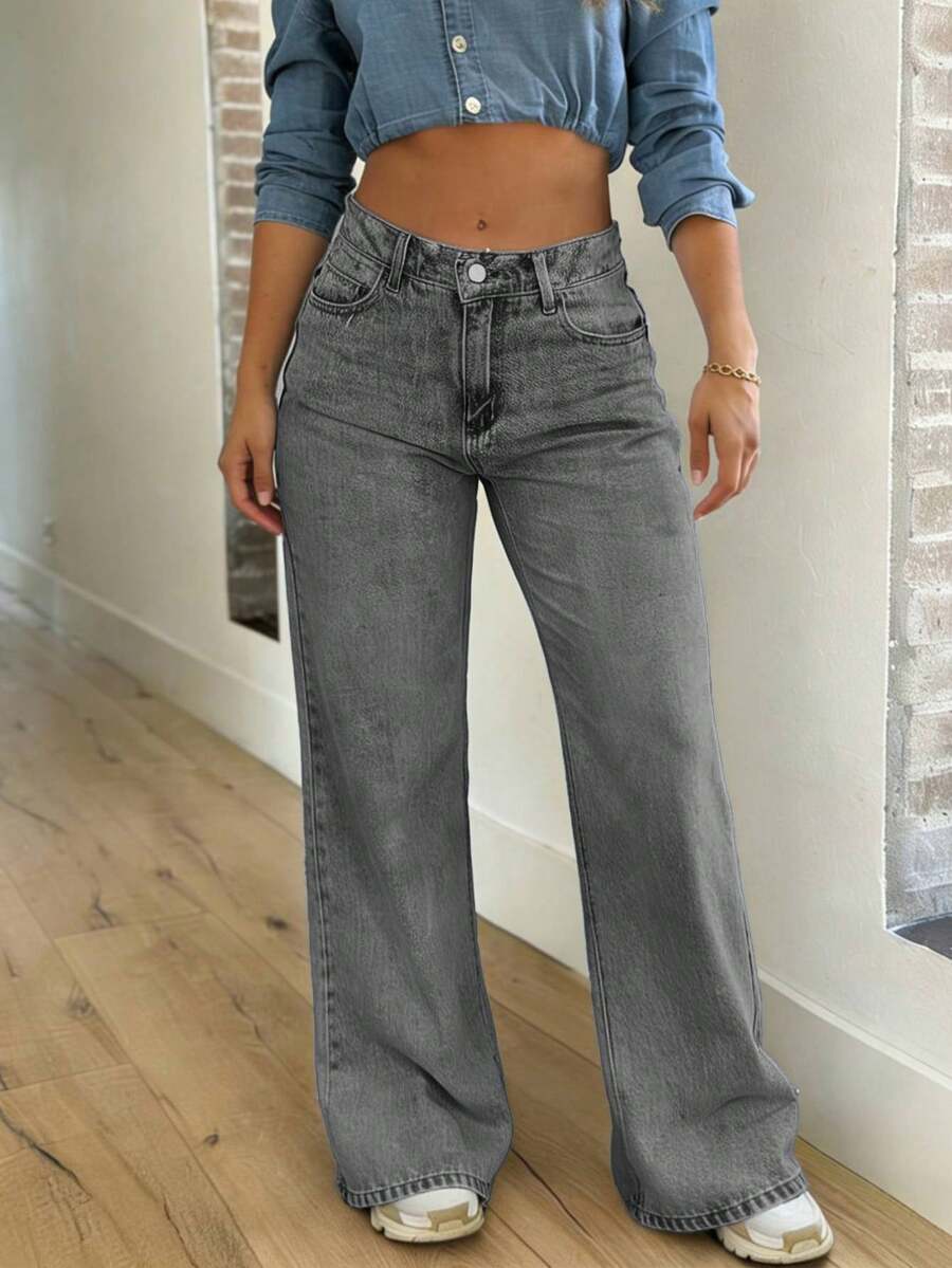 Women's Casual Versatile Straight Leg Jeans With Pockets - Light Grey - View 1