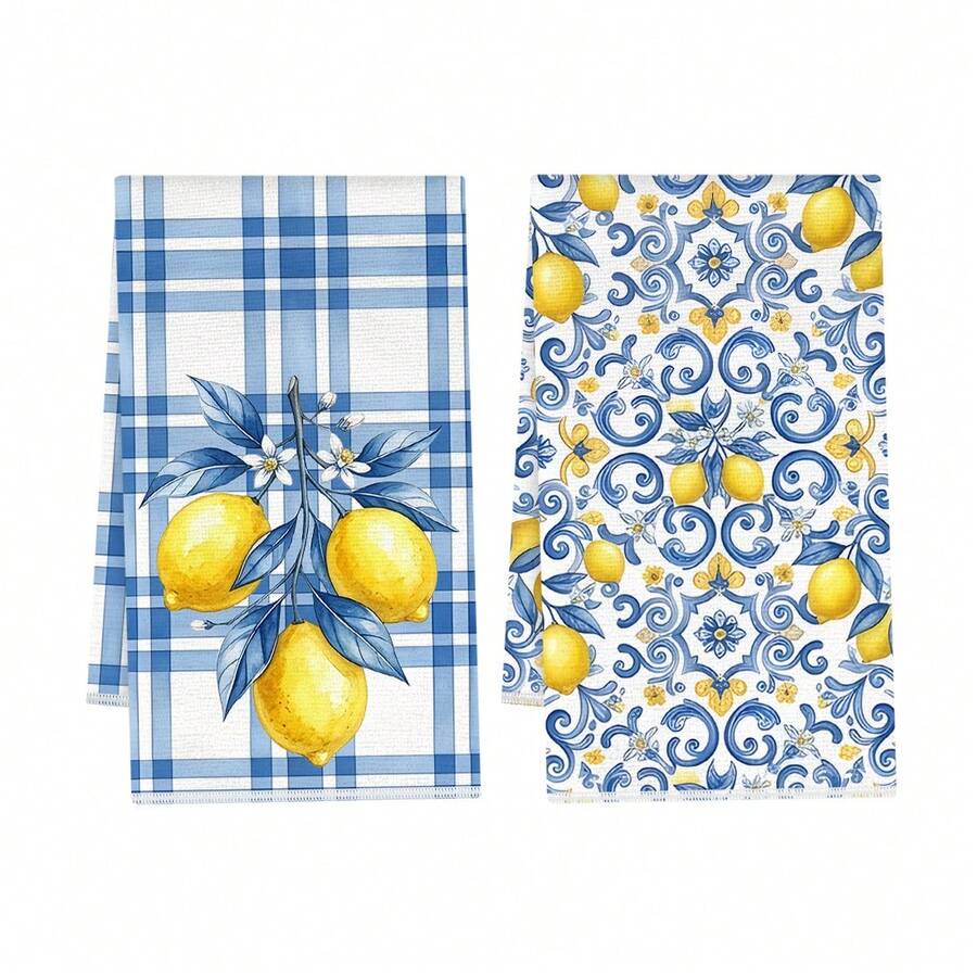 2 piezas Toallas de cocina, Suministros de cocina modernos Toallas de cocina de microfibra súper suaves con estampado de cuadros azules y limones, 40*60cm/15.7*23.6in, impresión de un solo lado, paños de cocina, adecuados para decoración de restaurante, cocina, baño, regalo de vacaciones - Multicolor - Ver 1