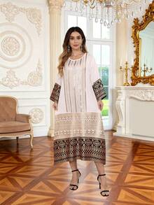 Elegant Gold Beaded Embroidered Arabic Dress, JALABIA Patchwork Hem Round Neck Long Sleeve Cuff Splice Fashion Luxury High-End Dress, 2026 Spring/Summer Fashionable Dress, Traditional Eid Al-Adha Clothing - White - View 6