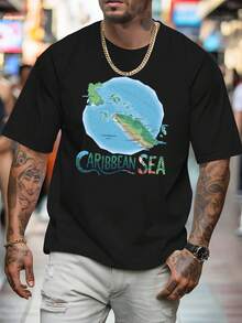 Sommer-Tops: Herren-T-Shirt mit Karibik-Meerkarten-Print – Kurzarm-Design mit tropischen Inseln und Kreuzfahrtschiffen sowie Karibik-Meer-Schriftzug, atmungsaktives Rundhals-Freizeit-Sommer-Strandoutfit, Bahamas-Jamaika-Reise-Themen-Outfit, Baumwoll-T-Shirt, Sommer-Outfit - Schwarz - Übersicht 3