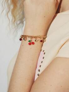 Popjeli 1pc Asymmetrical Shell Bracelet, Vibrant Red Cherry & Apple Shaped Charm, Versatile Daily Wear Bracelet/Anklet, Multiple Styles - Thick Chain-gold - View 1