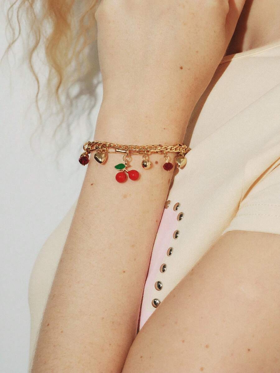 Popjeli 1pc Asymmetrical Shell Bracelet, Vibrant Red Cherry & Apple Shaped Charm, Versatile Daily Wear Bracelet/Anklet, Multiple Styles - Thick Chain-gold - View 1