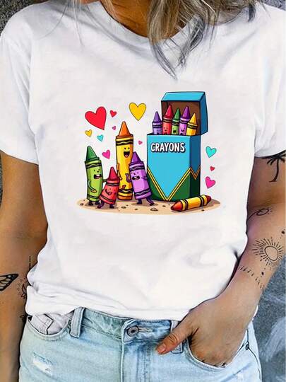 Women'S Graphic Crayon Design T-Shirt - Casual Crew Neck Short Sleeve Tee, Colorful Print, Medium Stretch Fabric, Perfect For Spring/Summer/Fall |   Relaxed Fit |   Plus Size