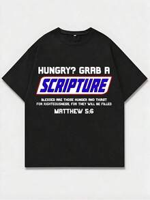 Black T-Shirt With "HUNGER?" GRAB A SCRIPTURE" And Bible Verse Text, Casual Print, Comfortable And Versatile, 220g Pure Cotton T-Shirt With Letter Pattern, Unisex Style - 黑色 - 查看 7