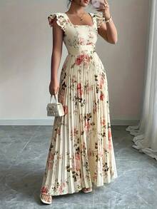 Elegante vestido midi plisado floral beige con cuello cuadrado con volantes y vestido de noche de fiesta ajustado de cintura alta elástico - Marfil - Ver 4