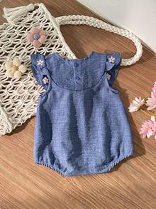 Baby Cap Sleeve Romper, Sweet Floral Embroidery + Loose Fit, Convenient For Diaper Change - Blue - View 2