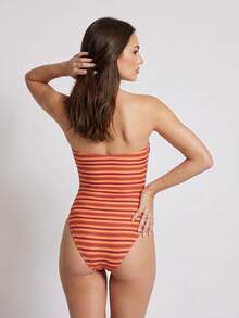 Traje de baño monokini sin tirantes para mujer, corte ajustado, estampado de rayas/puntos, sin mangas, con lazo. Traje de baño casual. - Naranja - Ver 6