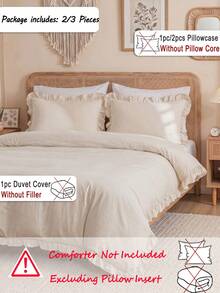 2/3 piezas Juego de ropa de cama con volantes en beige, 1 pieza Funda nórdica + 1/2 piezas Funda de almohada (Rellenos no incluidos), Adecuado para decoración de habitación, Uso diario Poliéster suave y amigable con la piel, Todo el año, Ropa de cama de primavera, Decoración del hogar estilo bohemio - beige - Ver 3