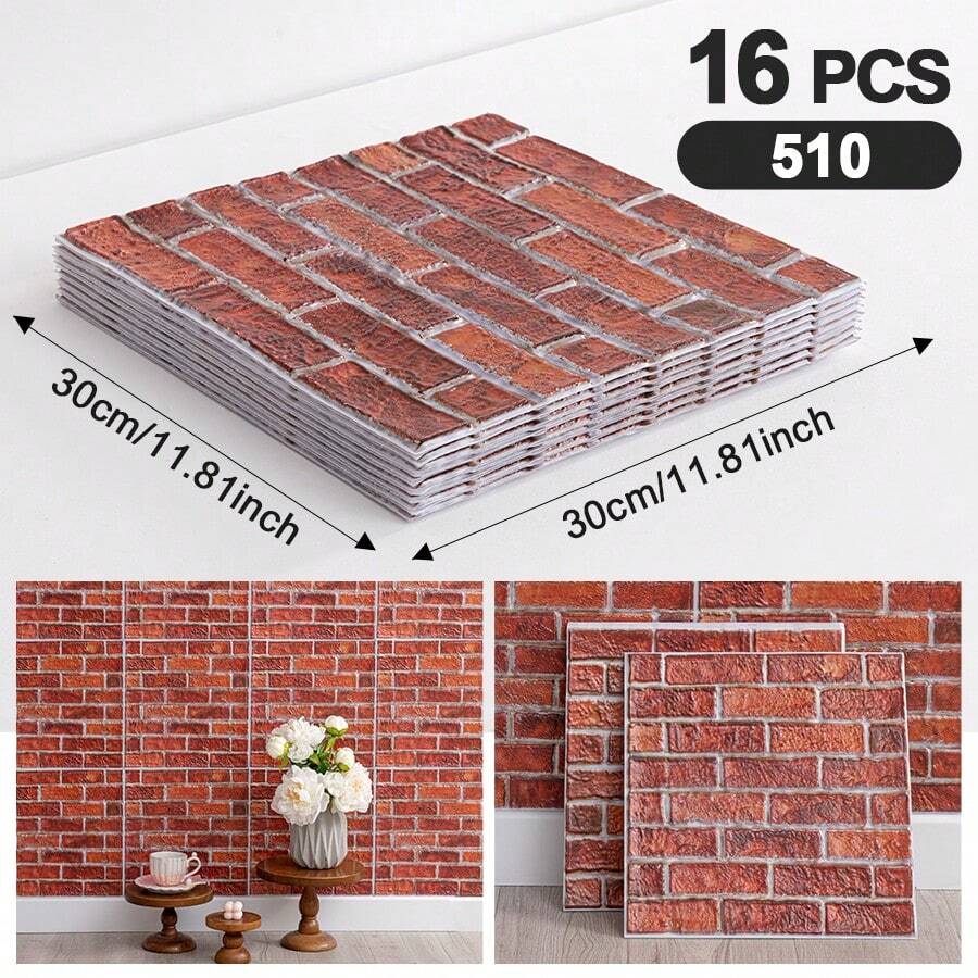 16片装 30x30厘米 自粘墙砖，3D砖纹墙板，隔音墙板，自粘壁纸，防水厨房墙贴，卧室家居装饰，自粘墙砖，卧室厨房装饰墙贴