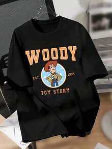 Genuinely Licensed By Disney, Disney Toy Story Sheriff Woody Double-Sided Print - Men's T-Shirt, Toy Story Woody Cartoon Image, Men's Summer Short-Sleeved Top, High-Quality 100% Cotton Short-Sleeved T-Shirt, Relaxed, Breathable, Comfortable Short-Sleeved T-Shirt For Summer, For Men And Women, Disneyland Travel Wear, Couple's T-Shirt, Everyday Wear, Street Wear, Vacation Wear, The Best Gift For Disney Lovers, Machine Washable - màu đen - Xem 2