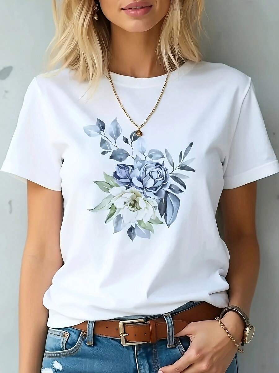 Women's Casual Comfortable T-Shirt | Round Neck Floral Print Top, Regular Length, Comfortable Fit For All Seasons Ropa Mujer - White - View 1