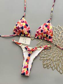 Women's Sexy Beach Vacation Colorful Heart Print Metal Ring Decor Bikini Set Summer - Multicolor - View 1