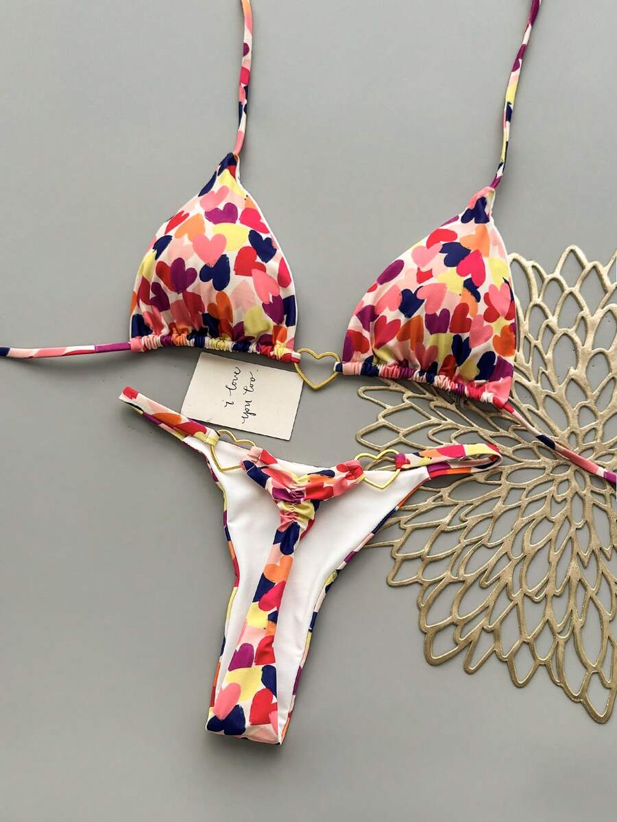 Women's Sexy Beach Vacation Colorful Heart Print Metal Ring Decor Bikini Set Summer - Multicolor - View 1