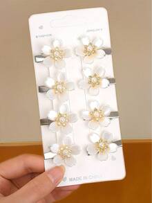 8pcs Girls Solid Color Flower & Pearl Hair Clips, Minimalist Side Bangs Clips, Cute & Versatile Hair Accessories For Daily Use - White - View 8